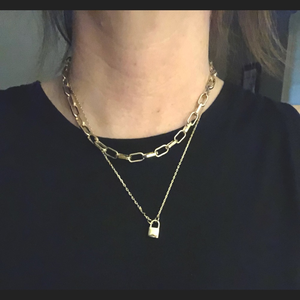 Double chain gold necklace, paperclip and padlock